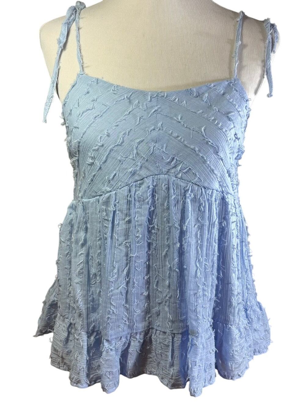 NWT &Merci Textured Blue Tank Top Tiered Ruffle Tie Straps Women's Size Medium